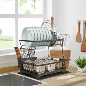 large dish drying rack with drainboard set, 2 tiers detachable dish racks for kitchen counter with adjustable swivel drainage, dish drainer dishwasher rack with cup holders, dish drying mat