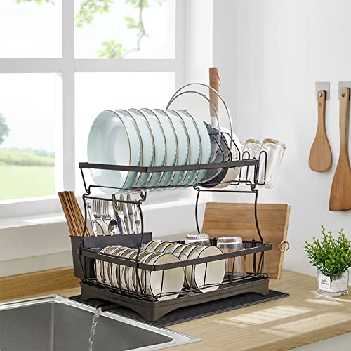 Large Dish Drying Rack with Drainboard Set, 2 Tiers Detachable Dish Racks for Kitchen Counter with Adjustable Swivel Drainage, Dish Drainer Dishwasher Rack with Cup Holders, Dish Drying Mat