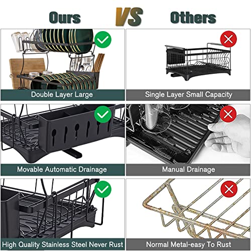 Large Dish Drying Rack with Drainboard Set, 2 Tiers Detachable Dish Racks for Kitchen Counter with Adjustable Swivel Drainage, Dish Drainer Dishwasher Rack with Cup Holders, Dish Drying Mat