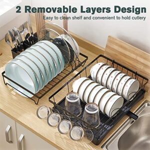 Large Dish Drying Rack with Drainboard Set, 2 Tiers Detachable Dish Racks for Kitchen Counter with Adjustable Swivel Drainage, Dish Drainer Dishwasher Rack with Cup Holders, Dish Drying Mat