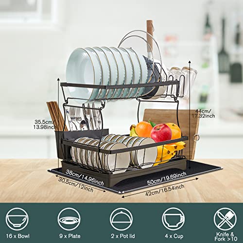 Large Dish Drying Rack with Drainboard Set, 2 Tiers Detachable Dish Racks for Kitchen Counter with Adjustable Swivel Drainage, Dish Drainer Dishwasher Rack with Cup Holders, Dish Drying Mat