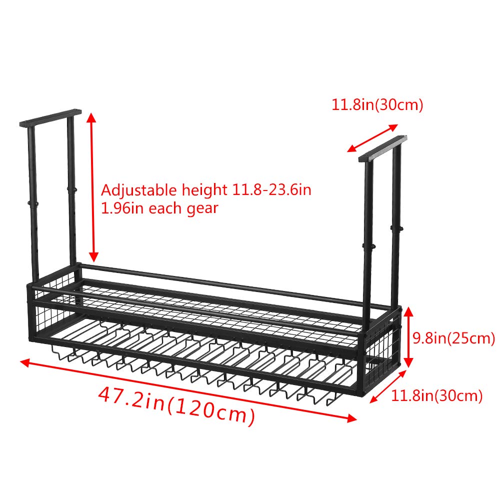 OLDRAINBOW Hanging Wine Rack with Glass Holder and Shelf,Adjustable Metal Ceiling Bar Wine Glass Rack,2-Layer Industrial Wall Mounted Wine and Glass Rack,47.2in Iron Bottle Holder Wine Shelf(Black)