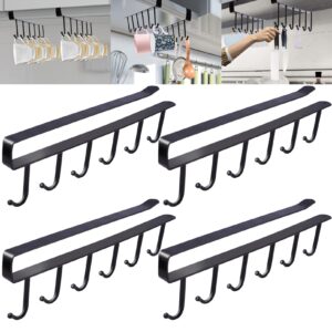 4pcs coffee mug holder under cabinet,coffee cups holder with 6 mug hooks,drilling free adhesive kitchen utensils hanging hooks for kitchen utensil,fit for 1 inch thickness shelf or less (black)