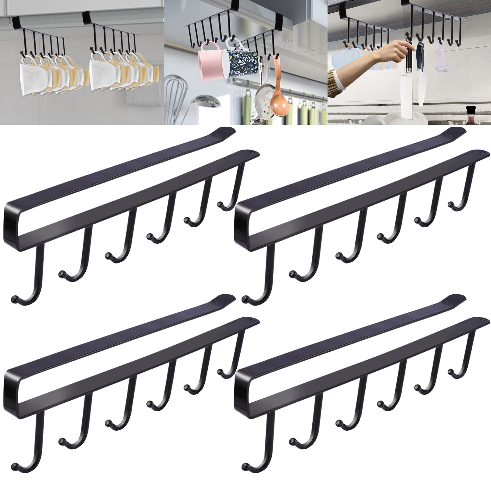 4Pcs Coffee Mug Holder Under Cabinet,Coffee Cups Holder with 6 Mug Hooks,Drilling Free Adhesive Kitchen Utensils Hanging Hooks for Kitchen Utensil,Fit for 1 Inch Thickness Shelf or Less (Black)