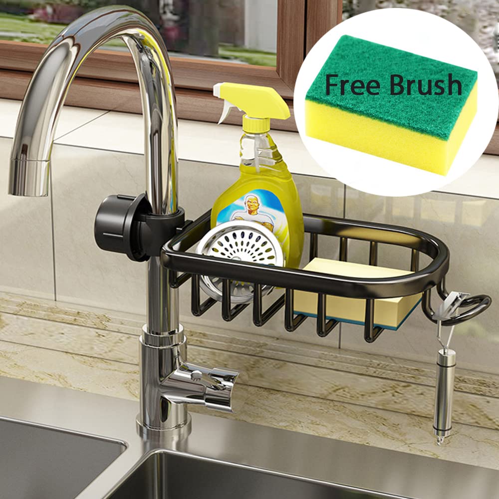 WINGSIGHT Faucet Sponge Holder Kitchen Sink Caddy Storage Space Aluminum Organizer with Hooks Dish Cloth Drain Rack Including 1 Sponge Brush (1 Pack, Black)