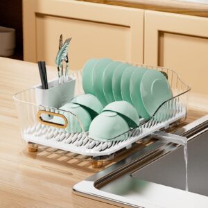 dish drying rack with drainboard, kitchen dish drainer rack in sink, dish rack for kitchen counter cabinet with adjustable swivel spout, removable plastic drainer tray with utensil holder. (clear)