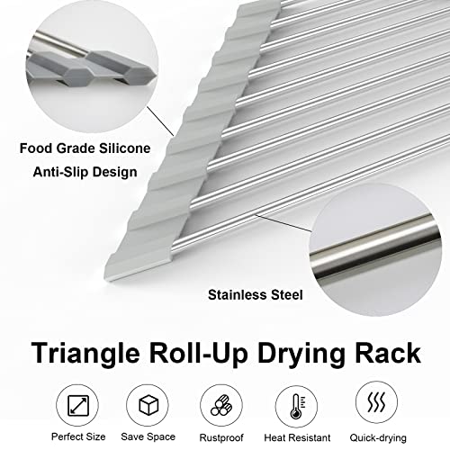 Triangle Roll Up Dish Drying Rack, DXWHYX Over Sink Drying Rack, Stainless Steel Multipurpose Sink Cover for Counter Space in Kitchen, Bathroom, RV, Laundry Room