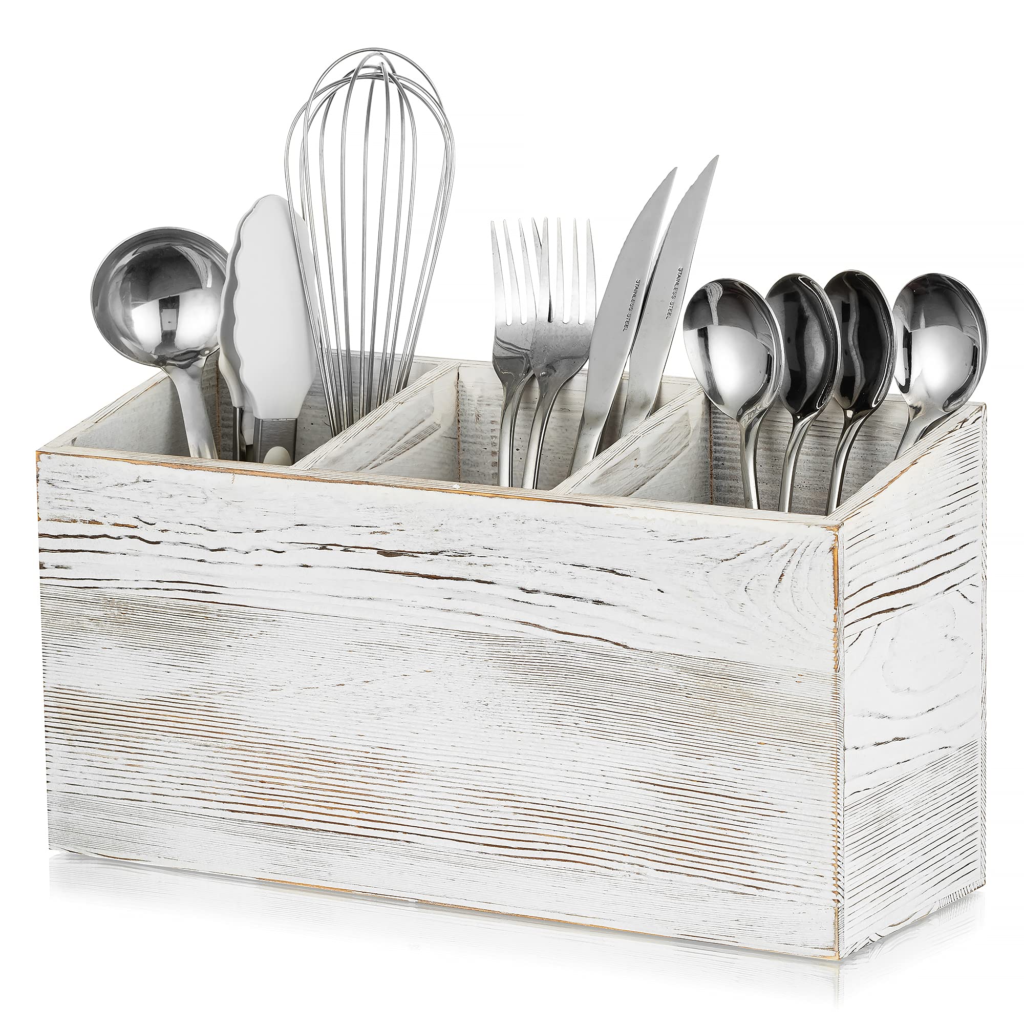 Hanobe Large Wooden Utensil Holder: Rustic Farmhouse Wood Cutlery Caddy 3 Compartment Silverware Countertop Organizer Distressed White Washed Flatware Storage for Kitchen Dinning Table