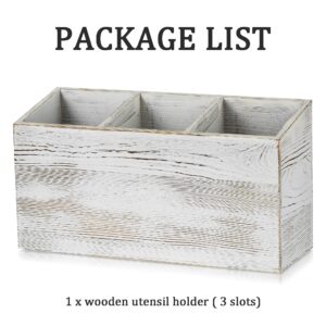 Hanobe Large Wooden Utensil Holder: Rustic Farmhouse Wood Cutlery Caddy 3 Compartment Silverware Countertop Organizer Distressed White Washed Flatware Storage for Kitchen Dinning Table