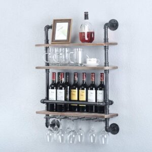 industrial pipe shelf wine rack wall mounted with 5 stem glass holder,24in real wood shelves kitchen wall shelf unit,3-tiers rustic floating bar shelves wine shelf,steam punk pipe shelving glass rack