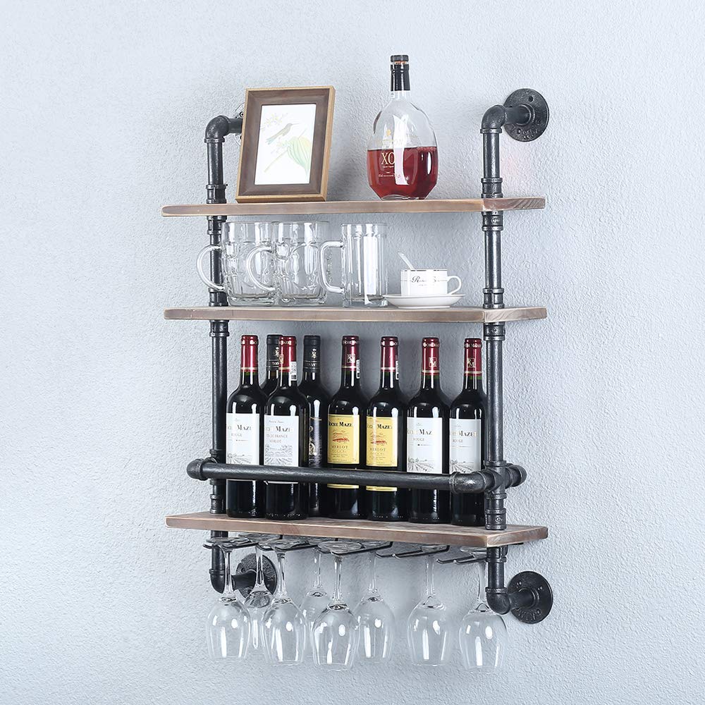 Industrial Pipe Shelf Wine Rack Wall Mounted with 5 Stem Glass Holder,24in Real Wood Shelves Kitchen Wall Shelf Unit,3-Tiers Rustic Floating Bar Shelves Wine Shelf,Steam Punk Pipe Shelving Glass Rack