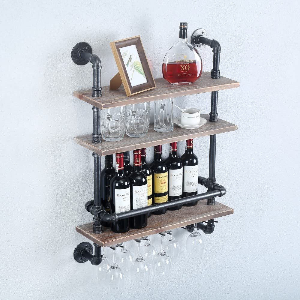 Industrial Pipe Shelf Wine Rack Wall Mounted with 5 Stem Glass Holder,24in Real Wood Shelves Kitchen Wall Shelf Unit,3-Tiers Rustic Floating Bar Shelves Wine Shelf,Steam Punk Pipe Shelving Glass Rack