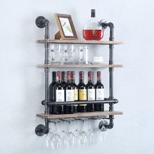 Industrial Pipe Shelf Wine Rack Wall Mounted with 5 Stem Glass Holder,24in Real Wood Shelves Kitchen Wall Shelf Unit,3-Tiers Rustic Floating Bar Shelves Wine Shelf,Steam Punk Pipe Shelving Glass Rack