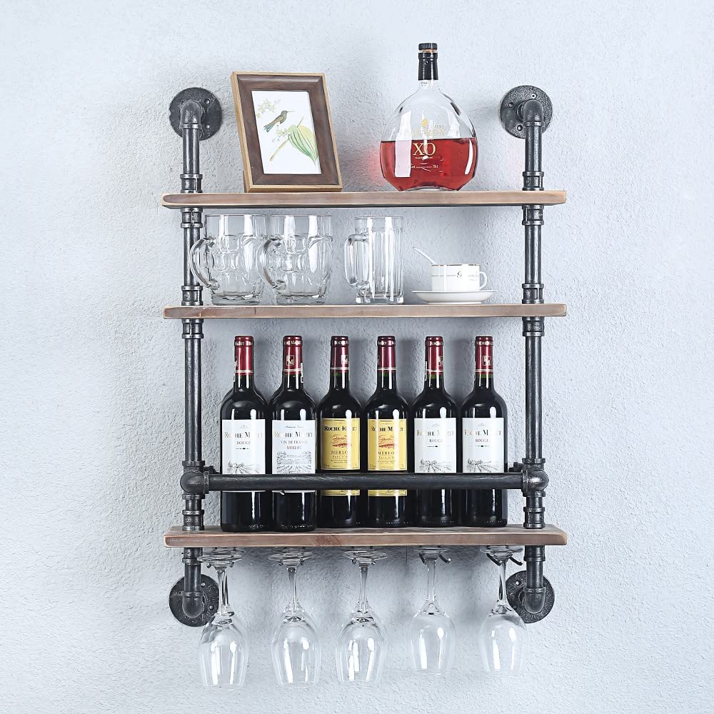 Industrial Pipe Shelf Wine Rack Wall Mounted with 5 Stem Glass Holder,24in Real Wood Shelves Kitchen Wall Shelf Unit,3-Tiers Rustic Floating Bar Shelves Wine Shelf,Steam Punk Pipe Shelving Glass Rack