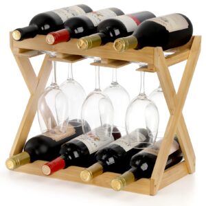 hacaroa 2 tier bamboo wine glass rack for 8 bottle and 6 stem glasses, countertop wine bottle holders with tray, freestanding goblets wine bottle storage shelf, perfect for bars, tabletop