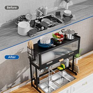 NETEL Over The Sink Dish Drying Rack, 2 Tier Clear Dustproof Cabinet Door Design and Stable Suction Cup Base for Space-Saving Kitchen Counter Organization (Black, 33.5 * 12.6 * 30.3 inches)