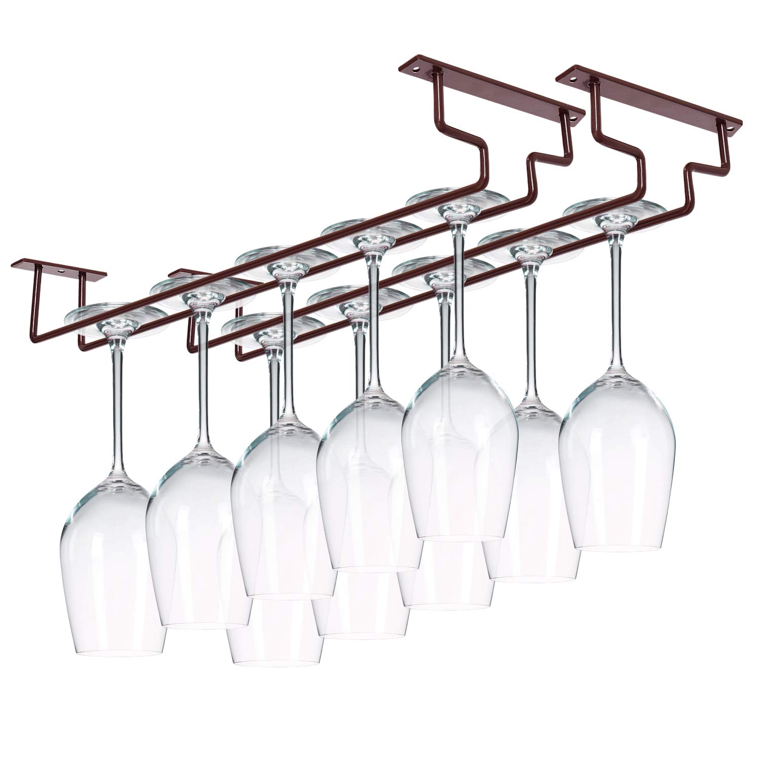 MOCOUM 2 Pack 15.6" Wine Glass Rack Under Cabinet Stemware Rack, Wine Glass Hangers Rack Wire Wine Glass Holder Storage Hanger Hold Up To 10 Wine Glasses for Cabinet Kitchen Bar (Brown, 2 pack)