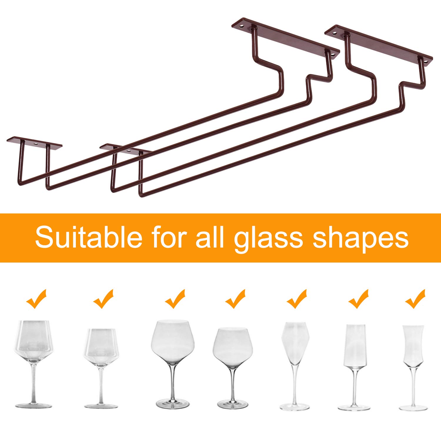 MOCOUM 2 Pack 15.6" Wine Glass Rack Under Cabinet Stemware Rack, Wine Glass Hangers Rack Wire Wine Glass Holder Storage Hanger Hold Up To 10 Wine Glasses for Cabinet Kitchen Bar (Brown, 2 pack)