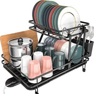 toolf 2 tier dish drying rack, dish rack for kitchen counter, free assembly foldable drainboard and drainer with wooden utensil holder for kitchen sink, black
