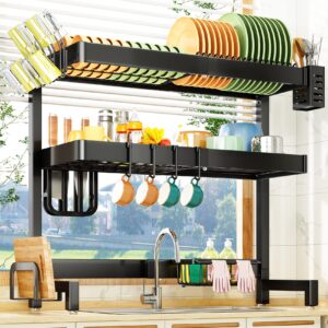 over the sink dish drying rack, 3 tier dish drying rack auto-drain expandable (19.9 to 34 inch) kitchen counter dish drainer rack with metal steel utensil cup holder sink caddy, black