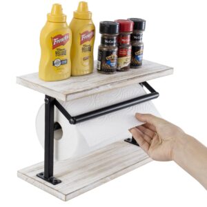 mygift freestanding matte black metal paper towel roll holder with shabby chic whitewashed wood top display shelf and base, kitchen countertop towel dispenser storage rack