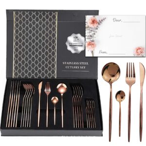 rosegold 24 silverware set for 6 people, gift sets with premium box and gift letter, stainless steel cutlery set, housewarming gift, flatware set with knife/fork/spoon/teaspoon
