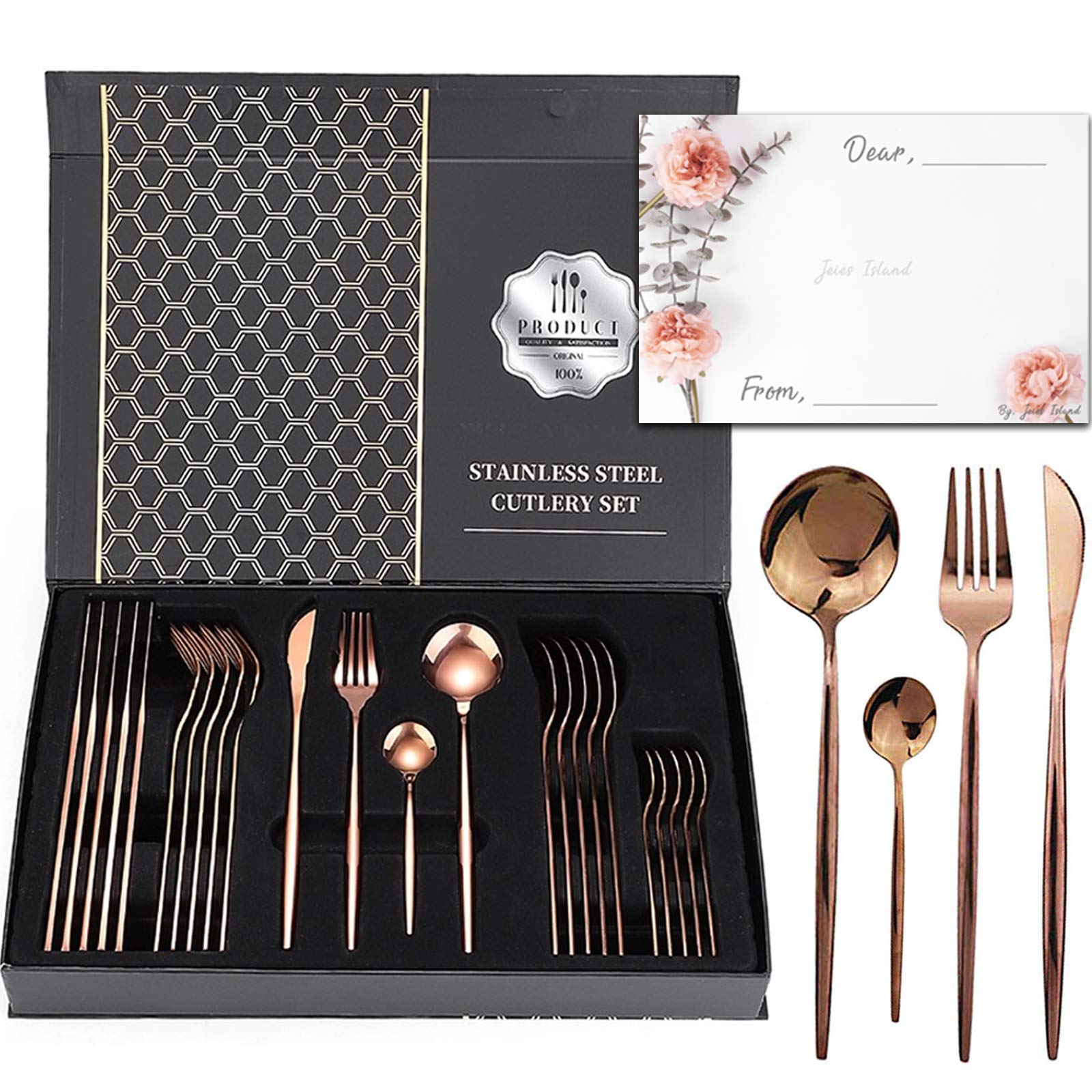 Rosegold 24 Silverware set for 6 people, gift sets with Premium box and Gift Letter, Stainless Steel Cutlery set, Housewarming Gift, flatware set with Knife/Fork/Spoon/Teaspoon