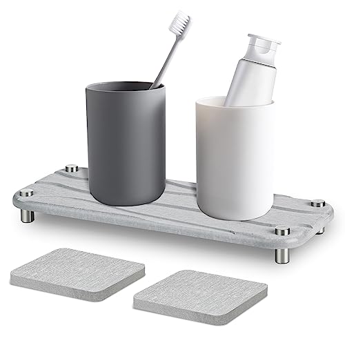 Glycife Fast Drying Stone Sink Caddy - Instant Dry Sink Organizer Bathroom Tray - Quick Dry Diatomaceous Earth Sponge Holder for Kitchen Sink Tray with 2 Pcs Water Absorbent Coasters(Light Gray)