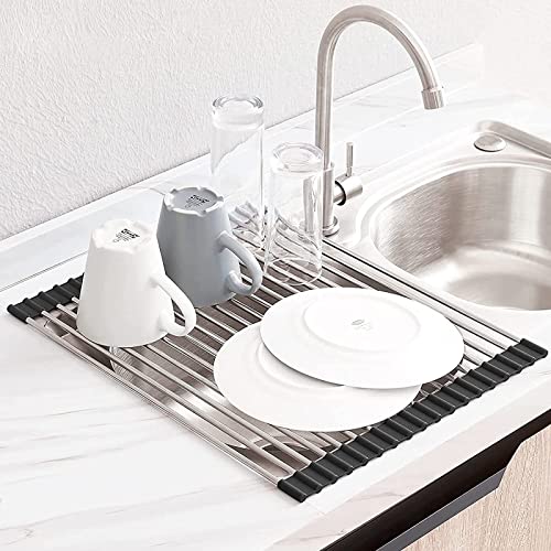 LIMNUO Roll Up Dish Drying Rack, SUS304 Over The Sink Roll-Up Dish Drying Rack Kitchen (XL-20.5''(W) 13.2''(L), Black)