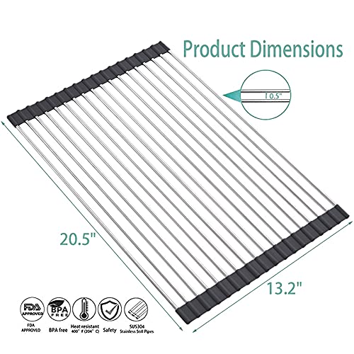 LIMNUO Roll Up Dish Drying Rack, SUS304 Over The Sink Roll-Up Dish Drying Rack Kitchen (XL-20.5''(W) 13.2''(L), Black)