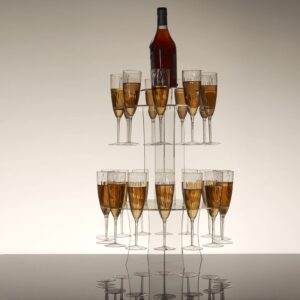 tableclothsfactory 3-tier round clear 21" acrylic champagne glasses flutes display stand, wine glass rack tower - holds 23 stemware + 1 bottle