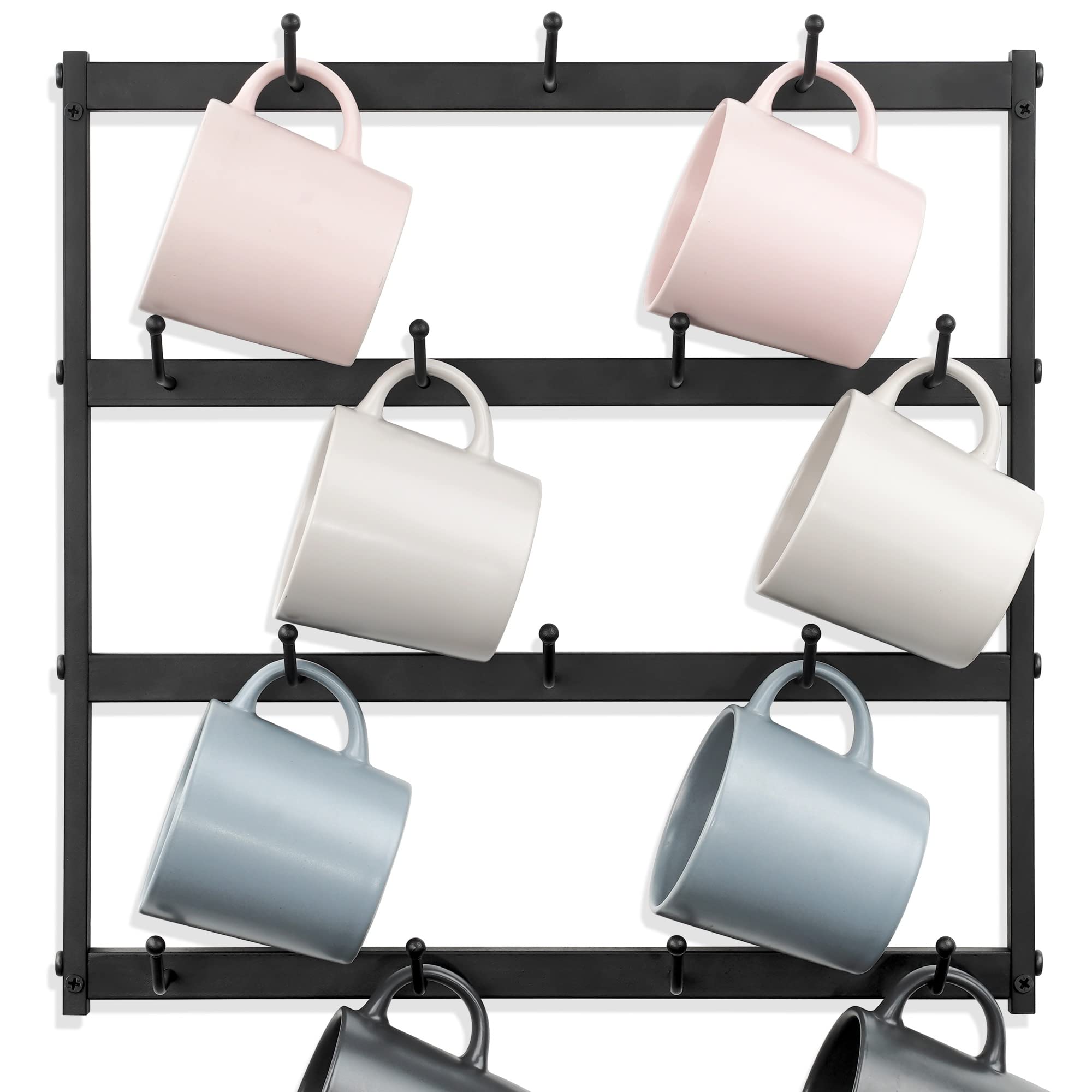 AJART Wall-Mounted Coffee Mug Holder: 14 Hooks Square Coffee Cup Rack - Metal Coffee Mug Holder Organizer Your Cups