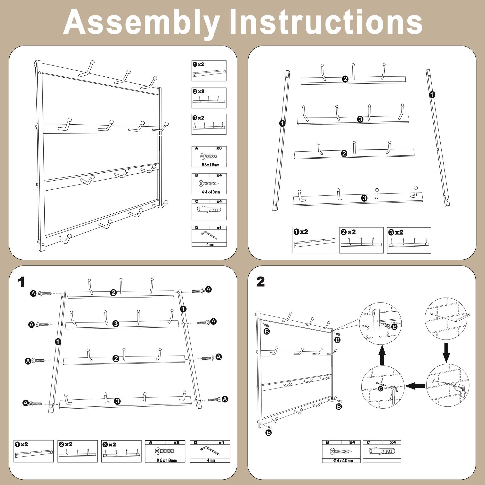 AJART Wall-Mounted Coffee Mug Holder: 14 Hooks Square Coffee Cup Rack - Metal Coffee Mug Holder Organizer Your Cups