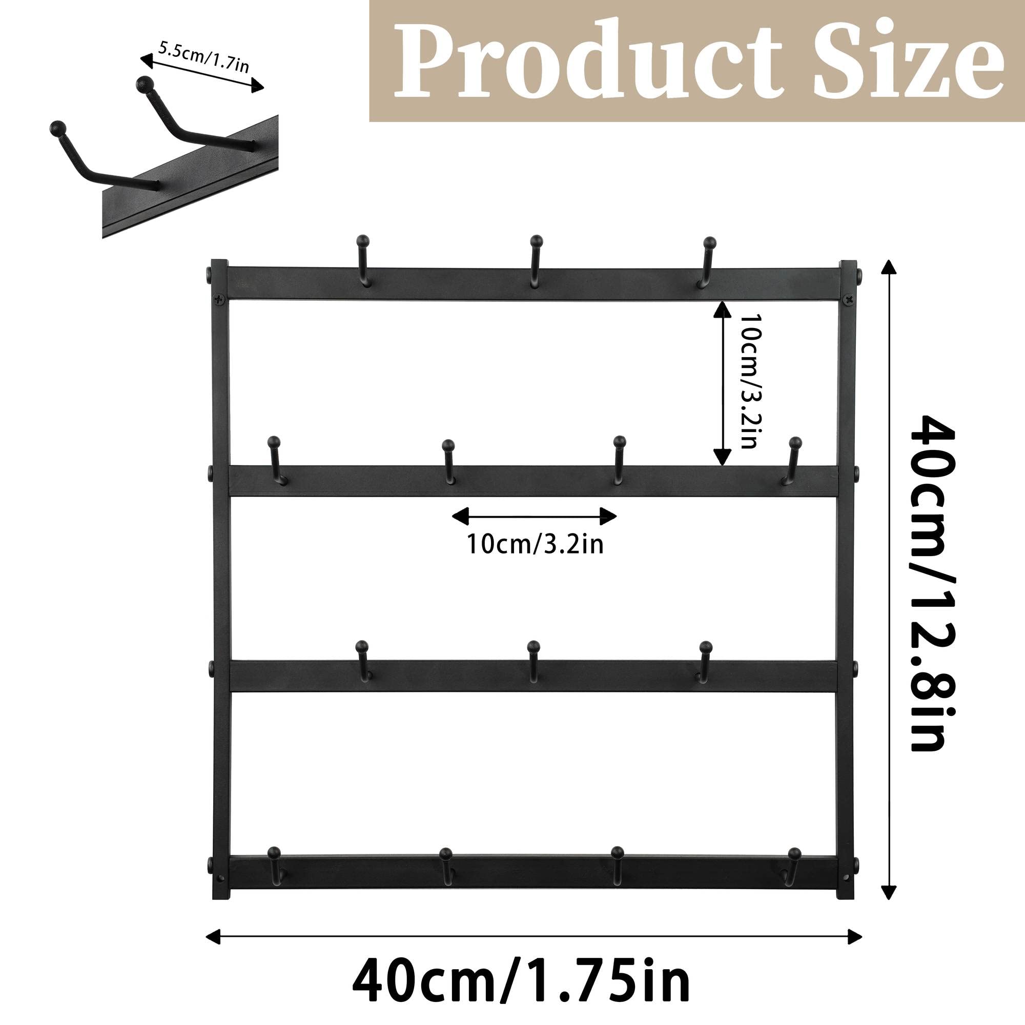 AJART Wall-Mounted Coffee Mug Holder: 14 Hooks Square Coffee Cup Rack - Metal Coffee Mug Holder Organizer Your Cups