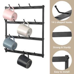 AJART Wall-Mounted Coffee Mug Holder: 14 Hooks Square Coffee Cup Rack - Metal Coffee Mug Holder Organizer Your Cups