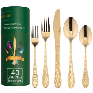 gold silverware set for 8, 40-piece flatware set stainless steel with titanium colorful plated cutlery kitchen utensil flatware set service for 8, knife/fork/spoon & long teaspoon/salad fork (gold)