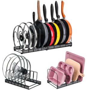 toplife adjustable 10+ pans organizer rack + 7+ lids organizer rack + 10+ bakeware organizer rack for kitchen cabinet and counter, black