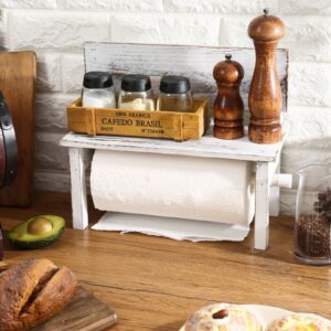 gofika farmhouse paper towel holder for kitchen countertop with shelf,rustic decorative bench paper towel dispenser,standard roll,whitewashed wood