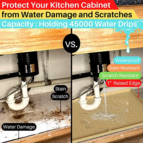 maryha Under Sink Mat for Kitchen Cabinet - Waterproof Silicone Proctor Tray for Leaks, Drips, Spills - Flexible Shelf Liner with Raised Edge and Drain Hole for Kitchen, Bathroom - 34" x 22" Beige