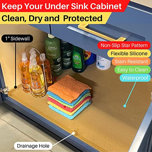 maryha Under Sink Mat for Kitchen Cabinet - Waterproof Silicone Proctor Tray for Leaks, Drips, Spills - Flexible Shelf Liner with Raised Edge and Drain Hole for Kitchen, Bathroom - 34" x 22" Beige