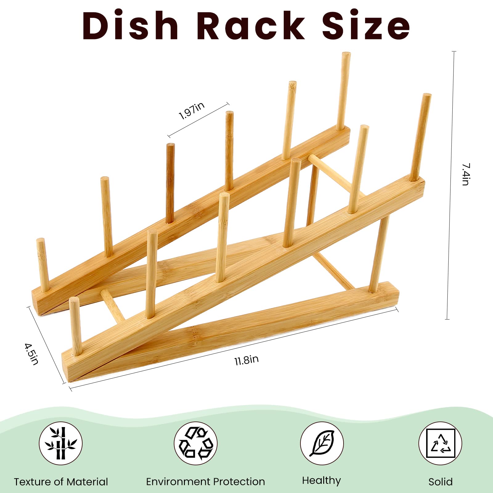 UUKD Bamboo Dish Drying Rack, Wooden Dish Rack, Stand Pot Lid Holder, Kitchen Storage Organizer for Dish, Bowl, Cup, Cutting Board (Incline Drain Rack)