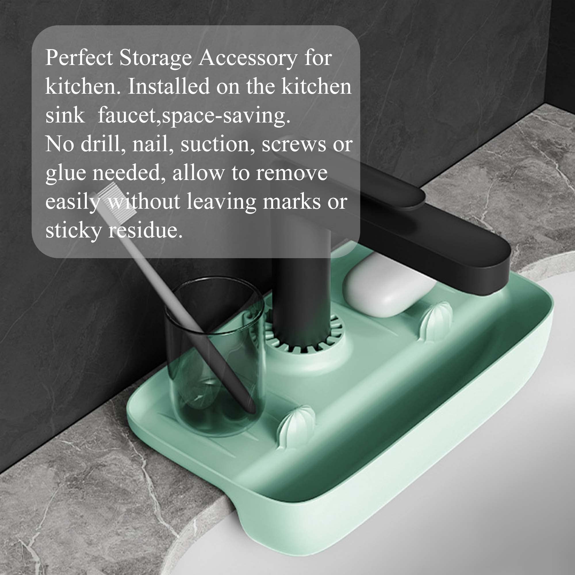 SooGree Faucet Hanging Sink Rack,Soap Sponge Holder Drain Shelving for Bathroom, Silicone Kitchen Storage Rack,Multifunctional Drainage Hole Durable Slope Design Storage Toiletry (Green)