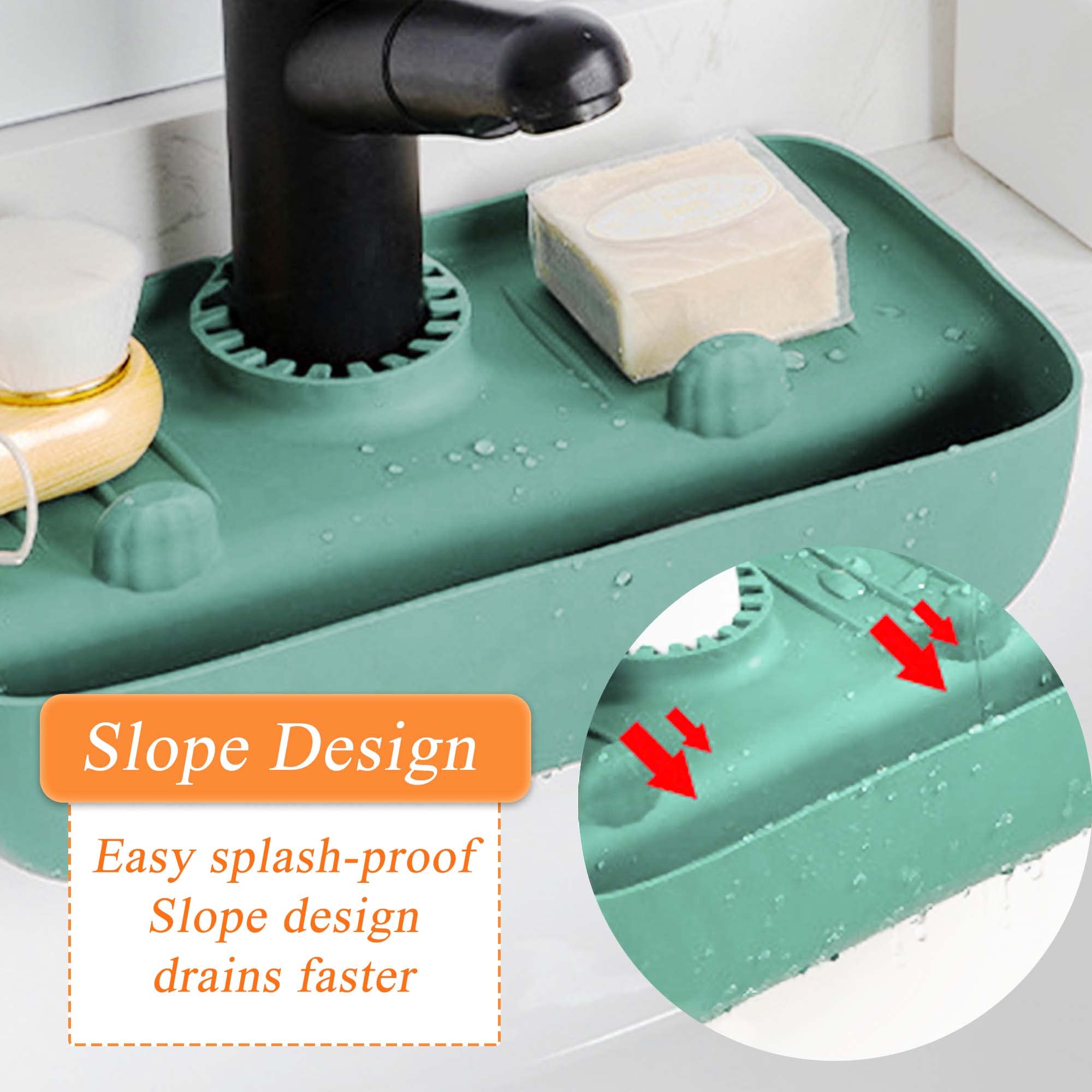 SooGree Faucet Hanging Sink Rack,Soap Sponge Holder Drain Shelving for Bathroom, Silicone Kitchen Storage Rack,Multifunctional Drainage Hole Durable Slope Design Storage Toiletry (Green)