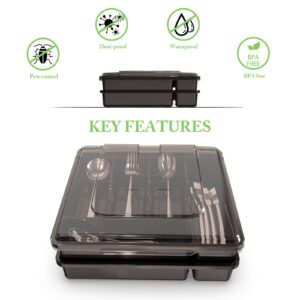 SUICGYU Silverware Organizer with Lid for Drawer, Plastic Utensil Holder for Countertop, Flatware Organizer Cutlery Tray with Cover 5 Compartments (2 Layer-Black)