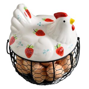 anxvers creative ceramic egg basket, metal net basket, egg storage basket, chicken top with white ceramic strawberry pattern and metal handle, fruit and potato storage basket, kitchen decoration