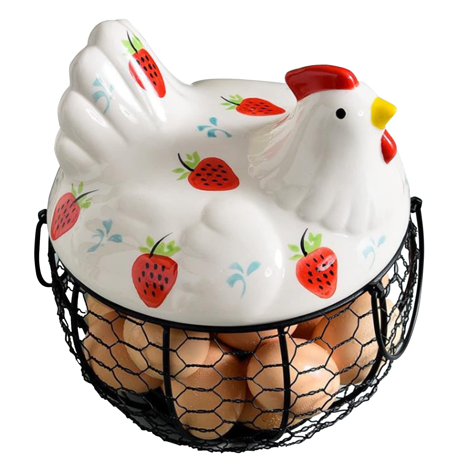 ANXVERS Creative Ceramic Egg Basket, Metal Net Basket, Egg Storage Basket, Chicken Top with White Ceramic Strawberry Pattern and Metal Handle, Fruit and Potato Storage Basket, Kitchen Decoration