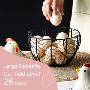 ANXVERS Creative Ceramic Egg Basket, Metal Net Basket, Egg Storage Basket, Chicken Top with White Ceramic Strawberry Pattern and Metal Handle, Fruit and Potato Storage Basket, Kitchen Decoration