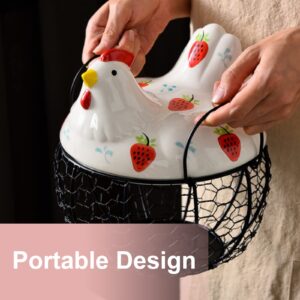 ANXVERS Creative Ceramic Egg Basket, Metal Net Basket, Egg Storage Basket, Chicken Top with White Ceramic Strawberry Pattern and Metal Handle, Fruit and Potato Storage Basket, Kitchen Decoration