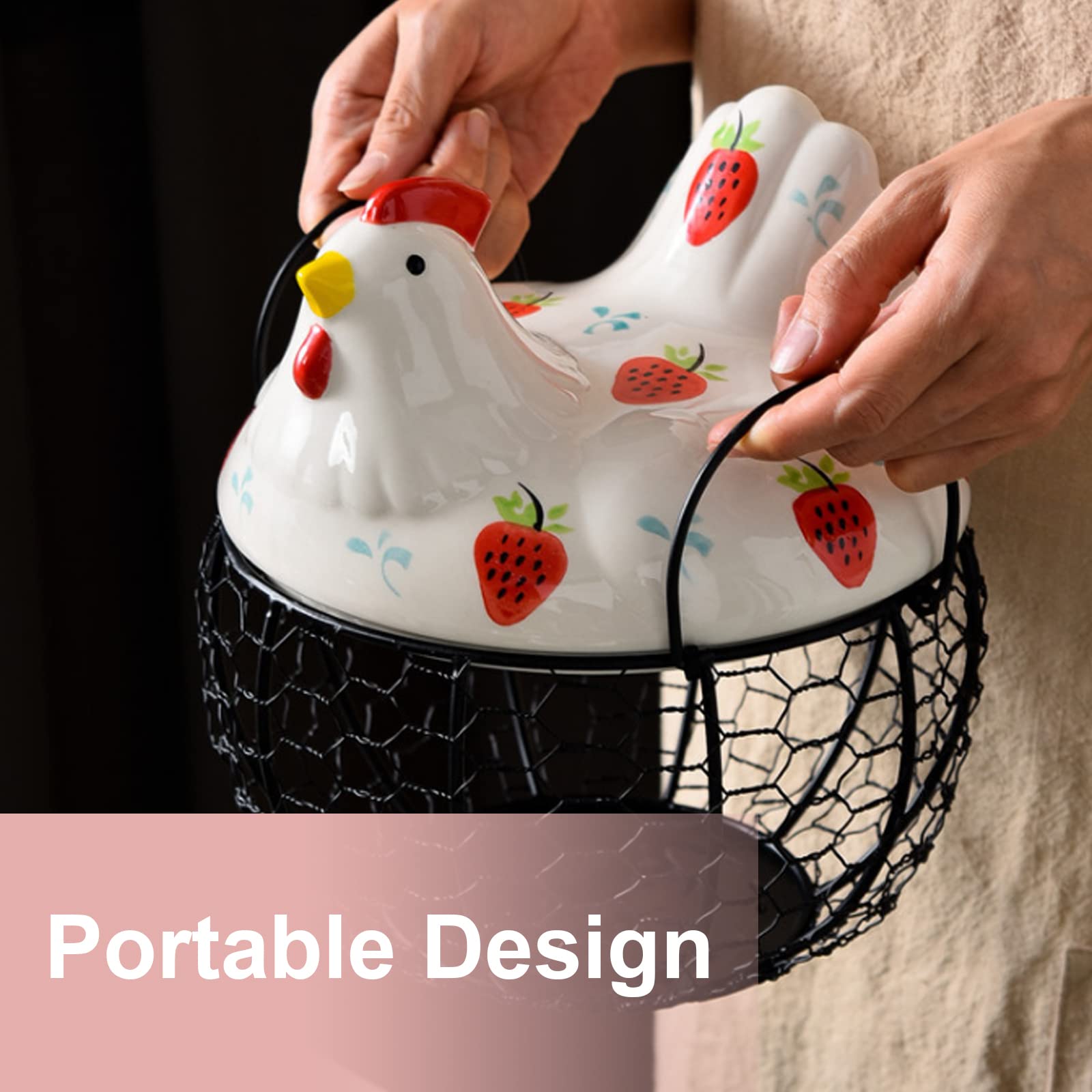 ANXVERS Creative Ceramic Egg Basket, Metal Net Basket, Egg Storage Basket, Chicken Top with White Ceramic Strawberry Pattern and Metal Handle, Fruit and Potato Storage Basket, Kitchen Decoration