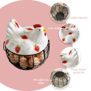 ANXVERS Creative Ceramic Egg Basket, Metal Net Basket, Egg Storage Basket, Chicken Top with White Ceramic Strawberry Pattern and Metal Handle, Fruit and Potato Storage Basket, Kitchen Decoration